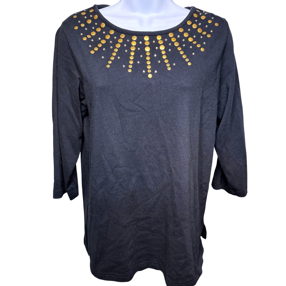 QUACKER FACTORY Womens Black Studded Rhinestone Top Sz M Embellished Glam Shine